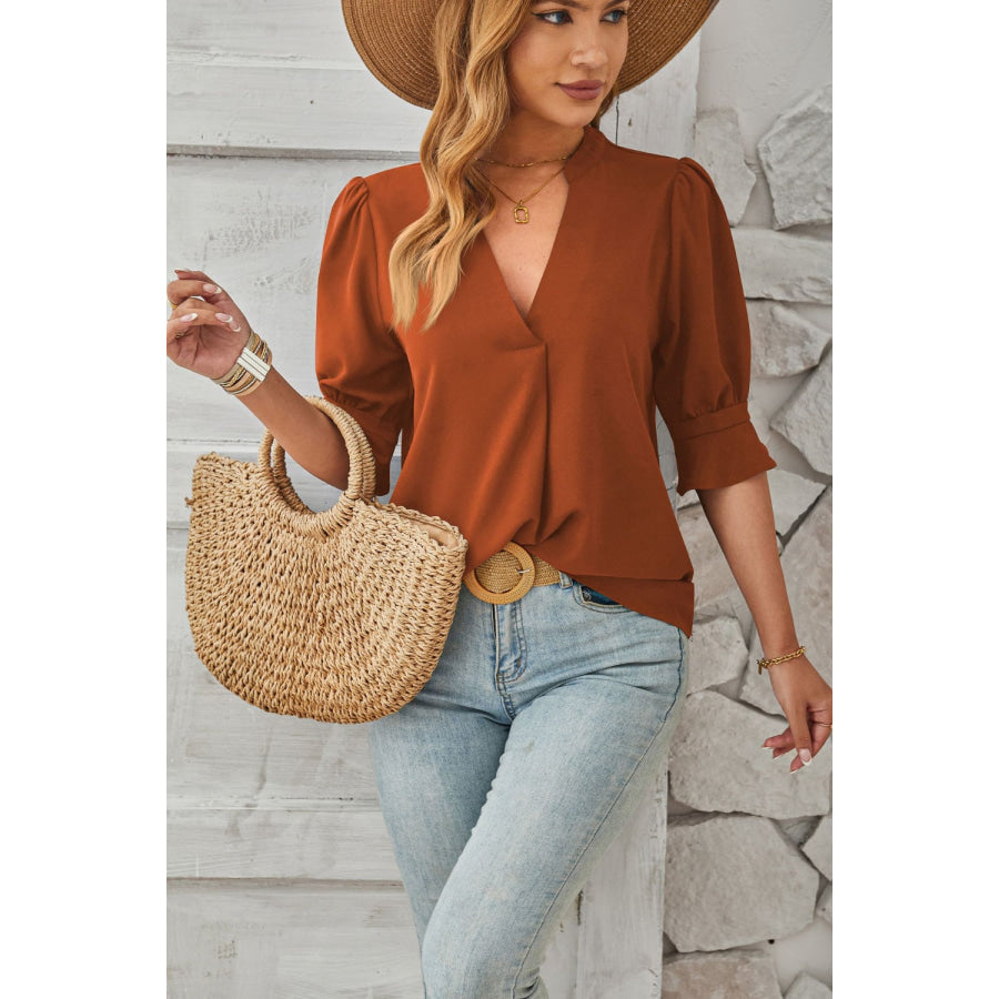 Notched Half Sleeve Blouse Apparel and Accessories