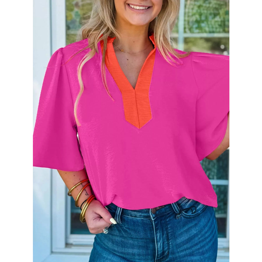 Notched Half Sleeve Blouse Apparel and Accessories