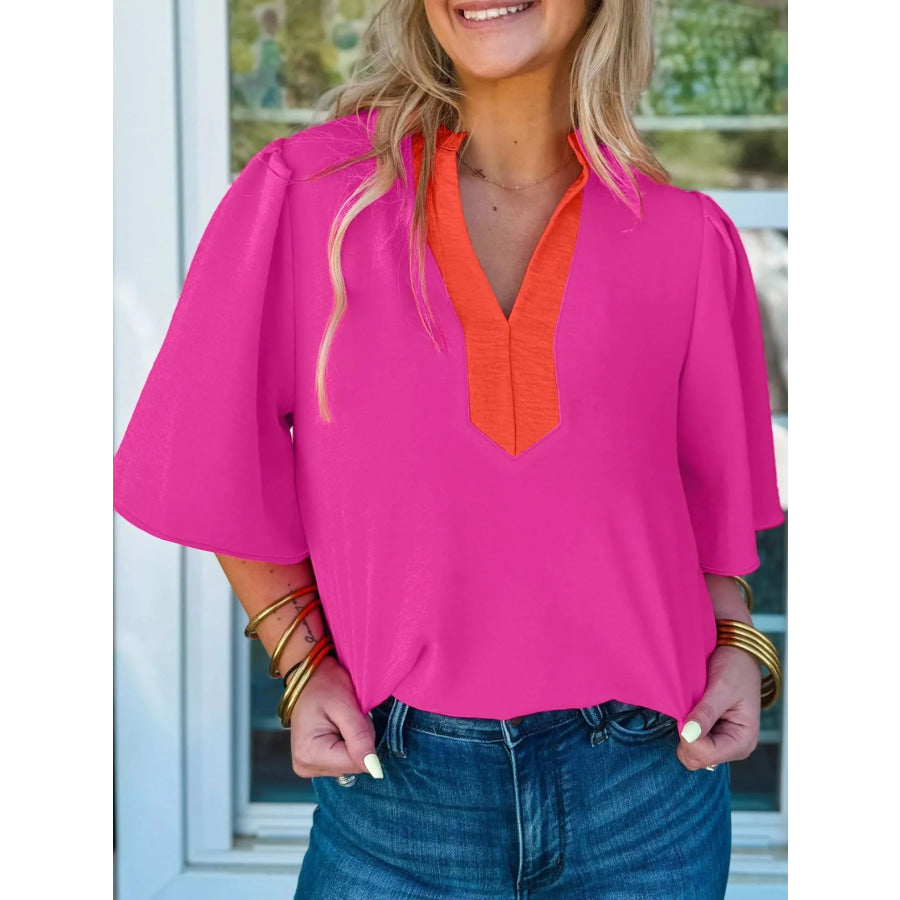 Notched Half Sleeve Blouse Apparel and Accessories
