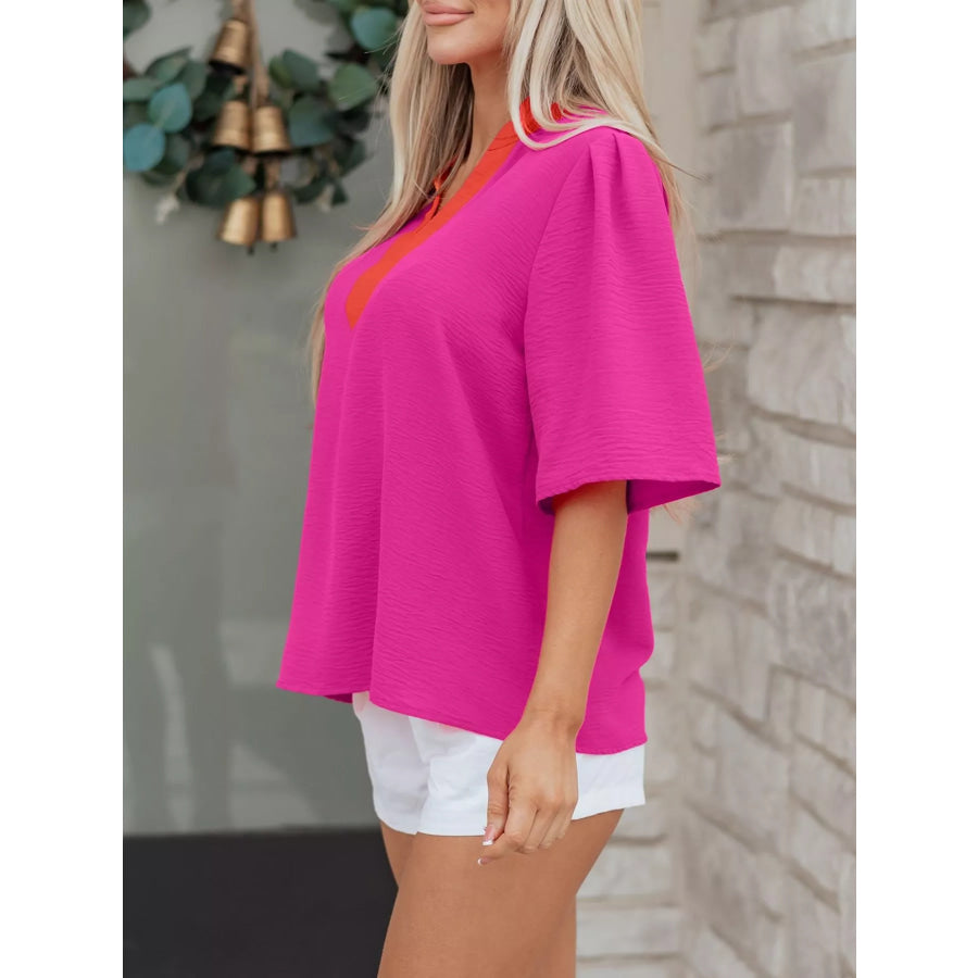 Notched Half Sleeve Blouse Apparel and Accessories