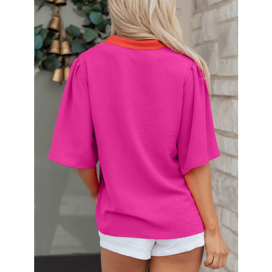 Notched Half Sleeve Blouse Apparel and Accessories