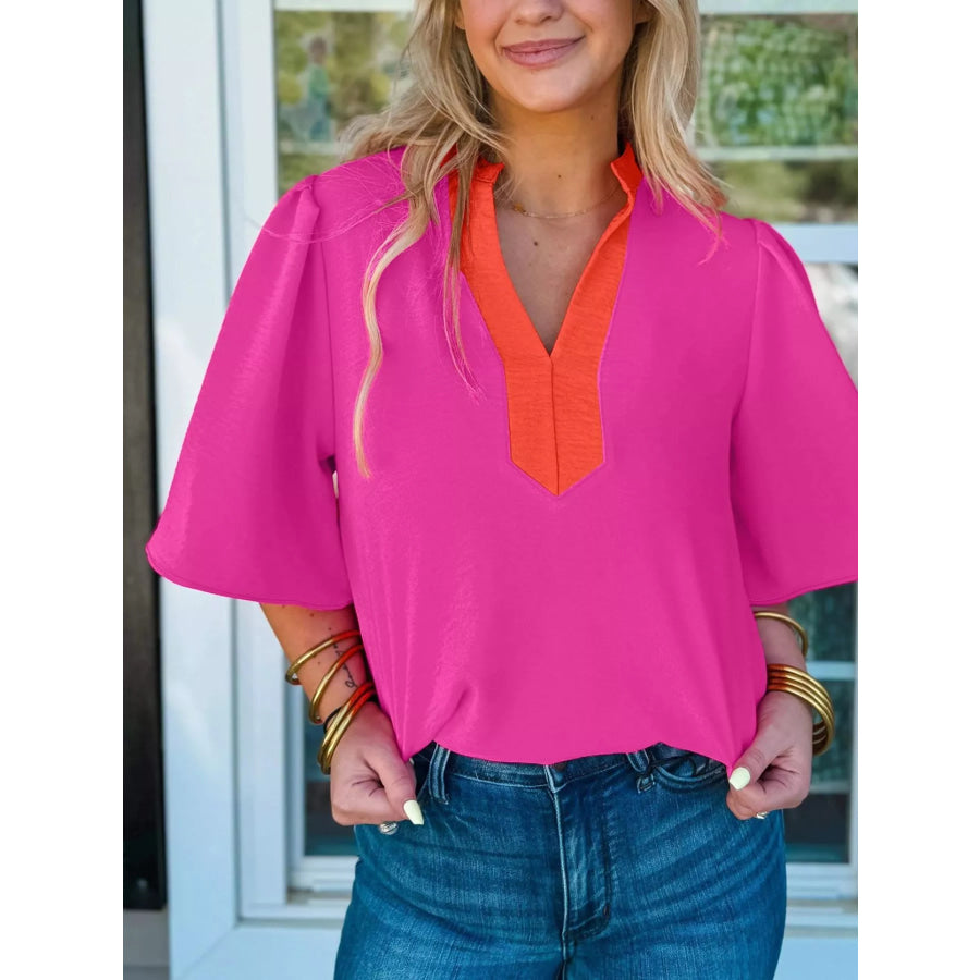Notched Half Sleeve Blouse Apparel and Accessories