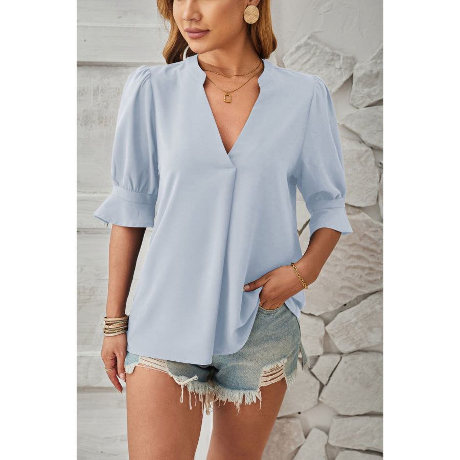 Notched Half Sleeve Blouse Apparel and Accessories