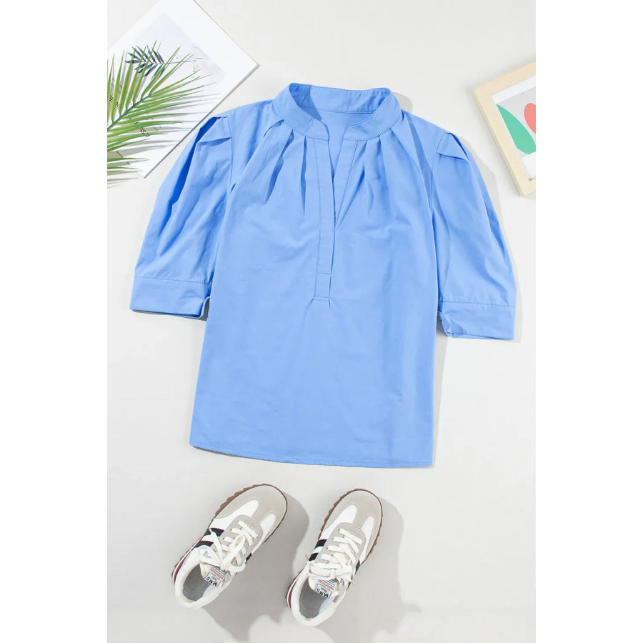 Notched Half Sleeve Blouse Light Blue / S Apparel and Accessories