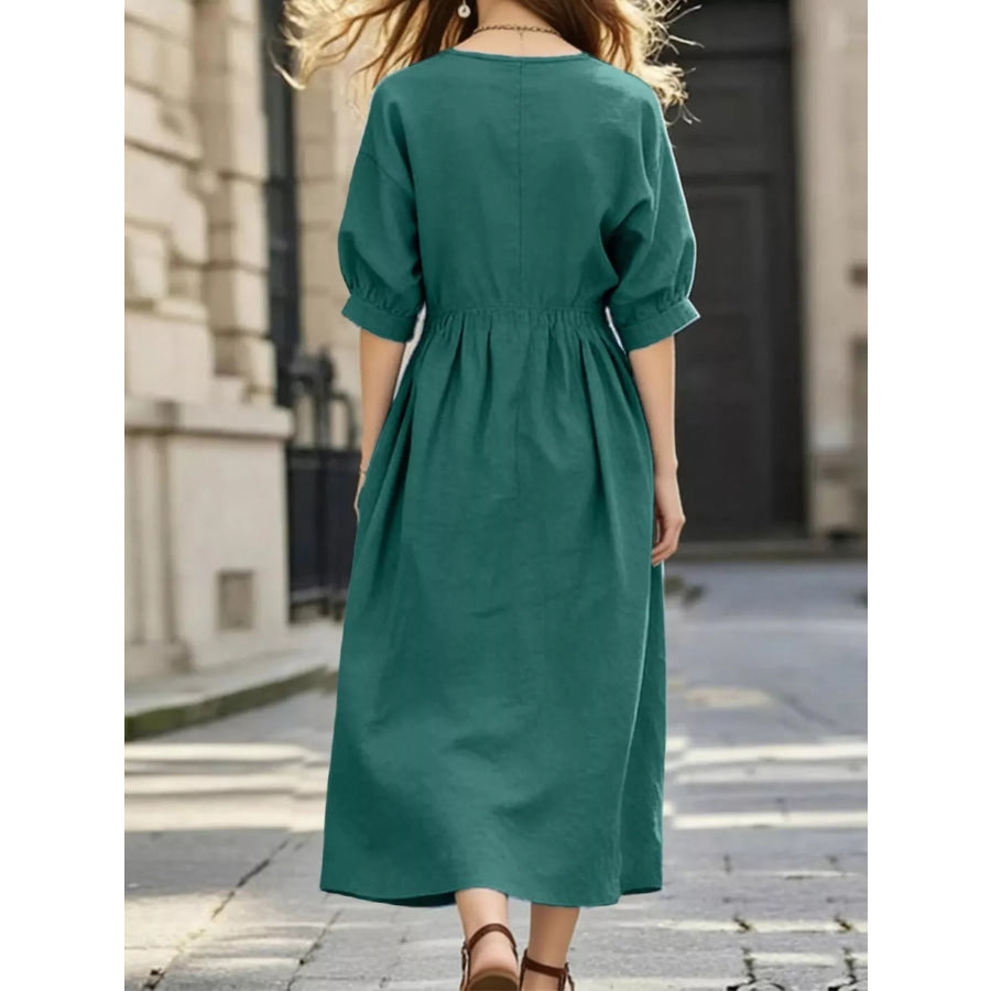 Notched Half Sleeve Midi Dress Apparel and Accessories