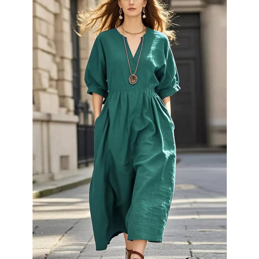 Notched Half Sleeve Midi Dress Army Green / S Apparel and Accessories