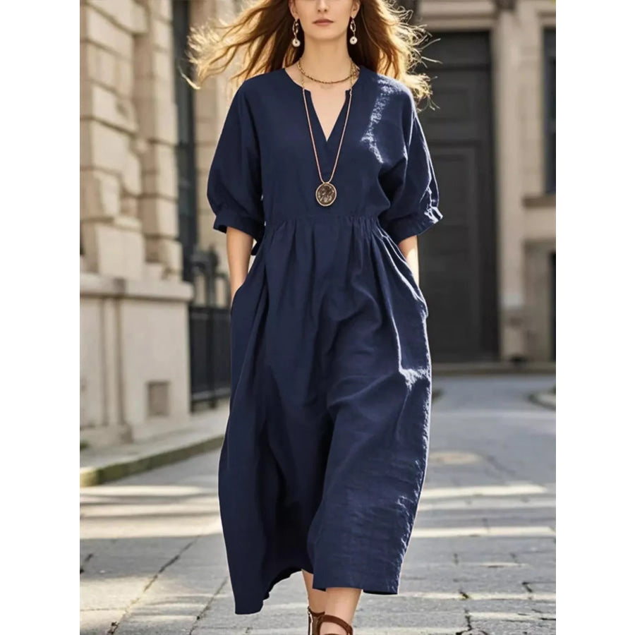 Notched Half Sleeve Midi Dress Blue / S Apparel and Accessories
