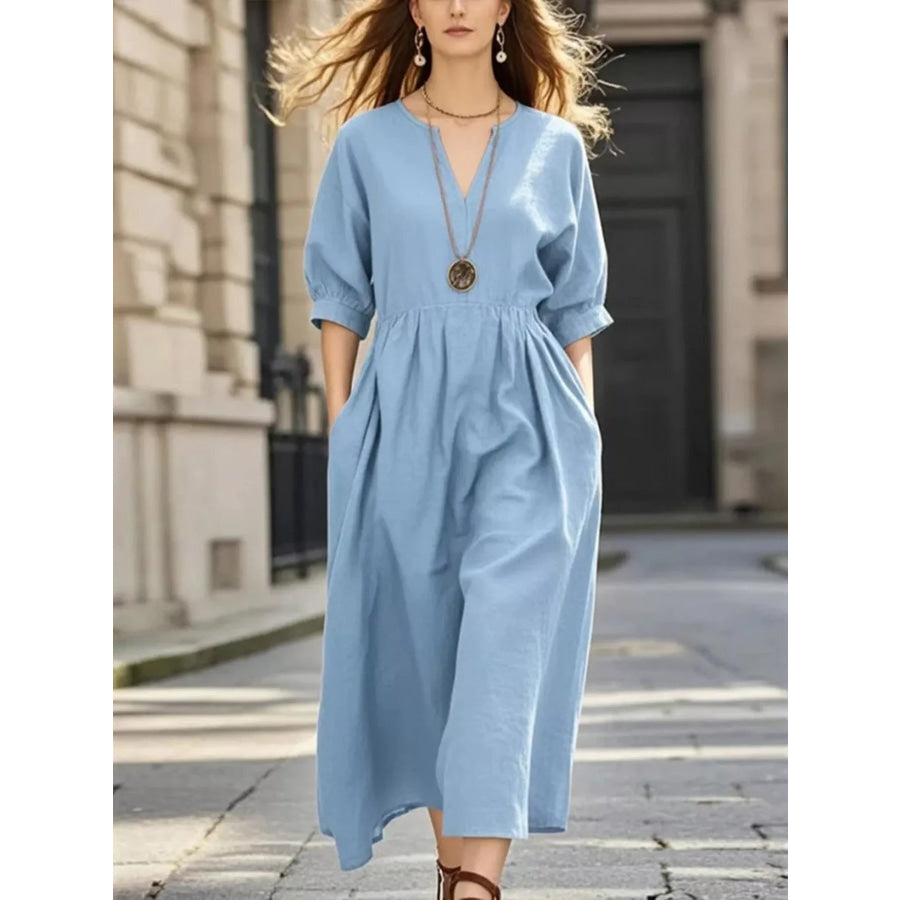Notched Half Sleeve Midi Dress Light Blue / S Apparel and Accessories