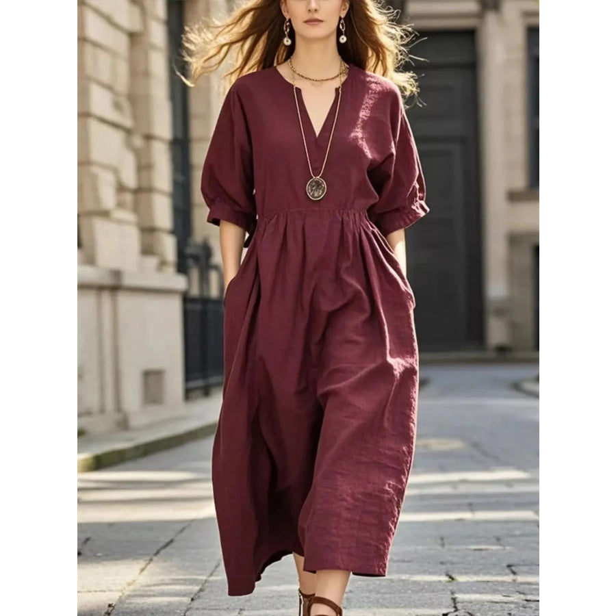 Notched Half Sleeve Midi Dress Wine Red / S Apparel and Accessories