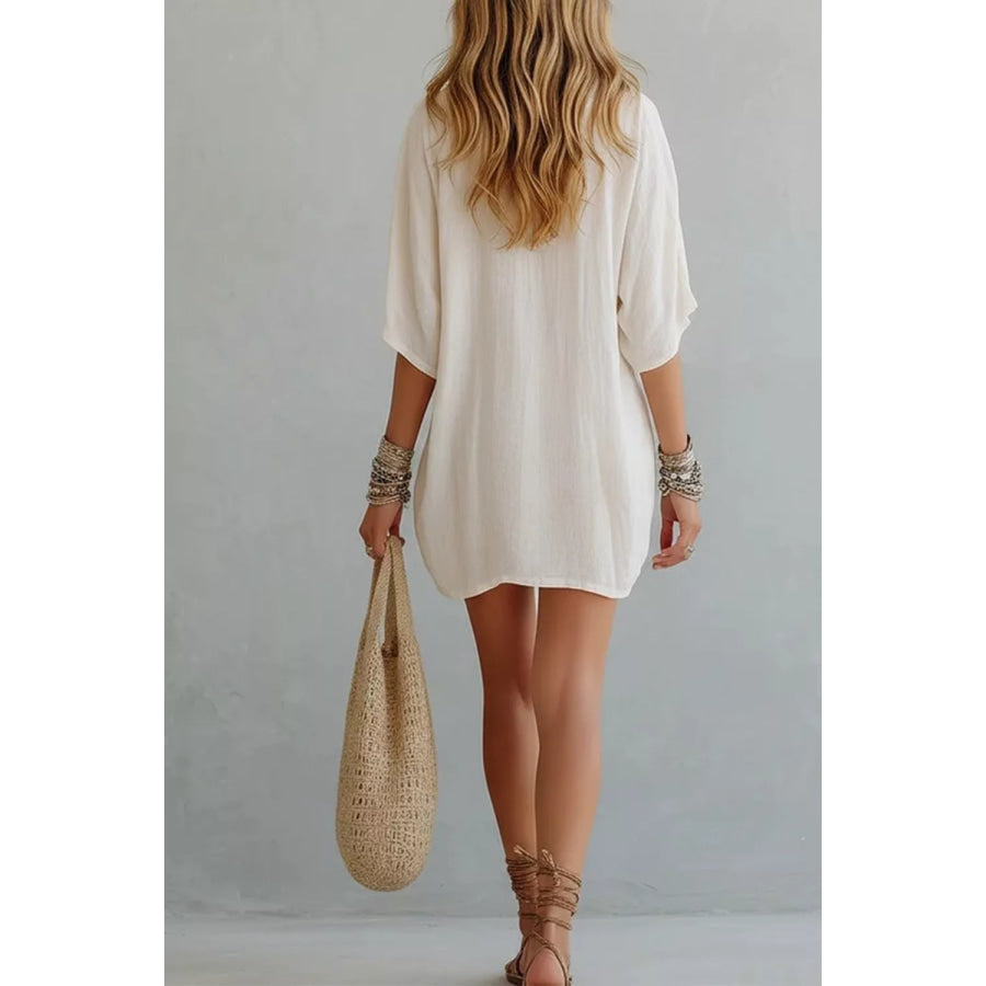 Notched Half Sleeve Mini Dress Ivory / S Apparel and Accessories