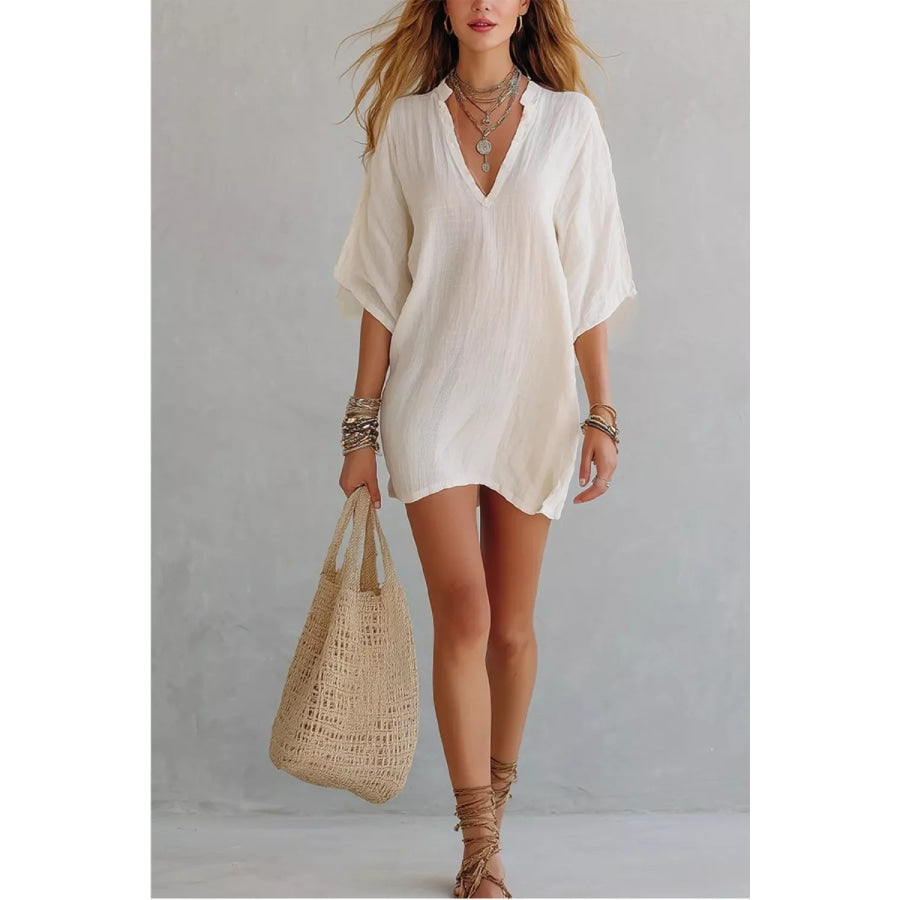Notched Half Sleeve Mini Dress Ivory / S Apparel and Accessories