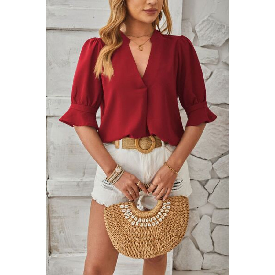 Notched Half Sleeve T - Shirt Brick Red / S Apparel and Accessories