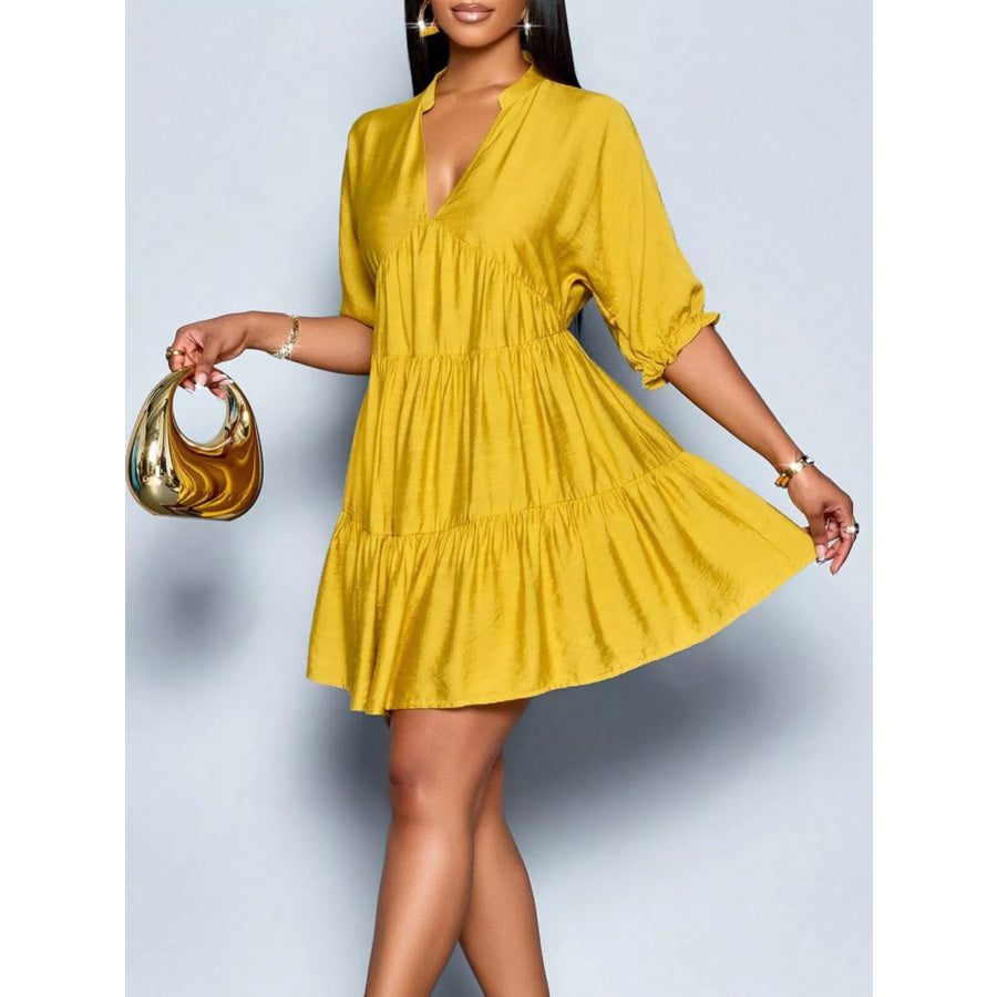 Notched Half Sleeve Tiered Dress Apparel and Accessories