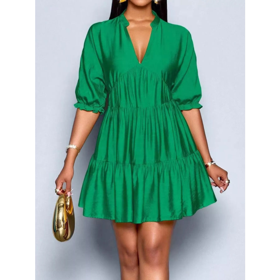 Notched Half Sleeve Tiered Dress Apparel and Accessories