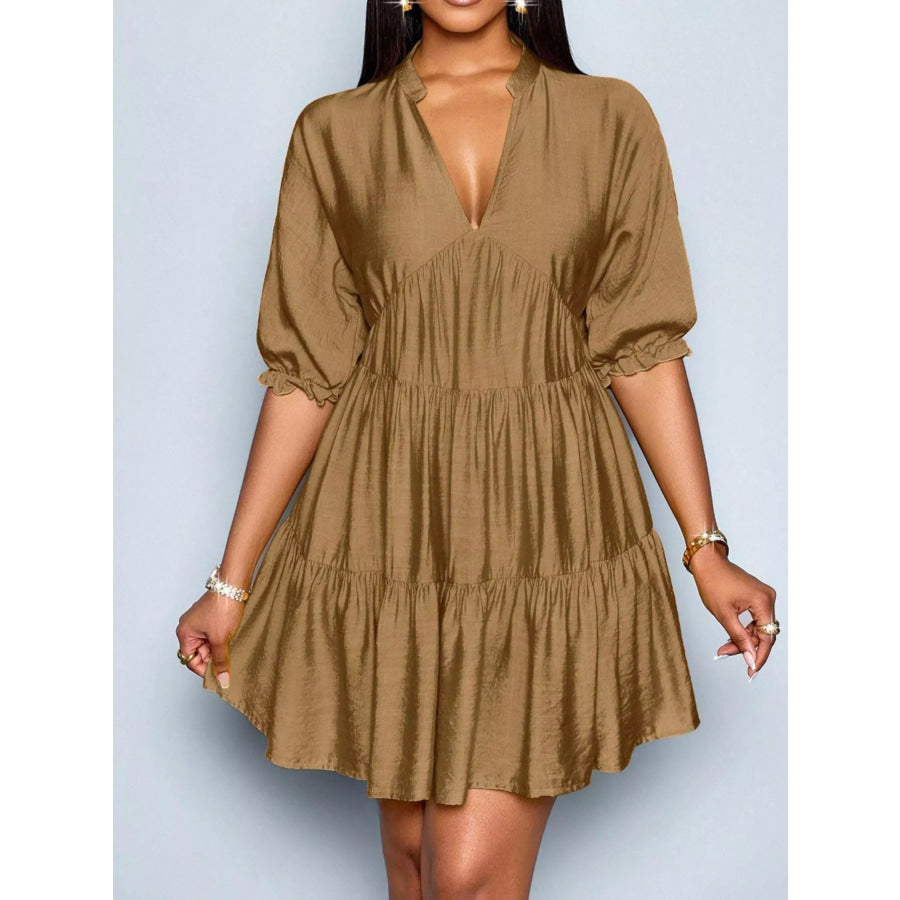 Notched Half Sleeve Tiered Dress Apparel and Accessories