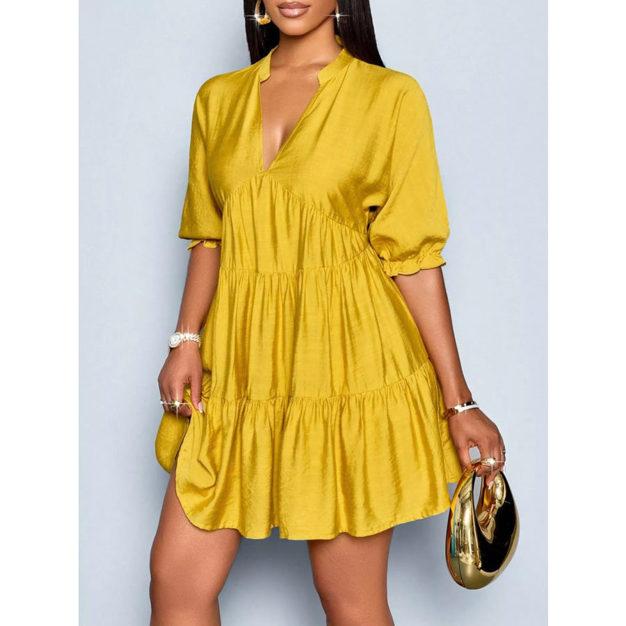 Notched Half Sleeve Tiered Dress Apparel and Accessories