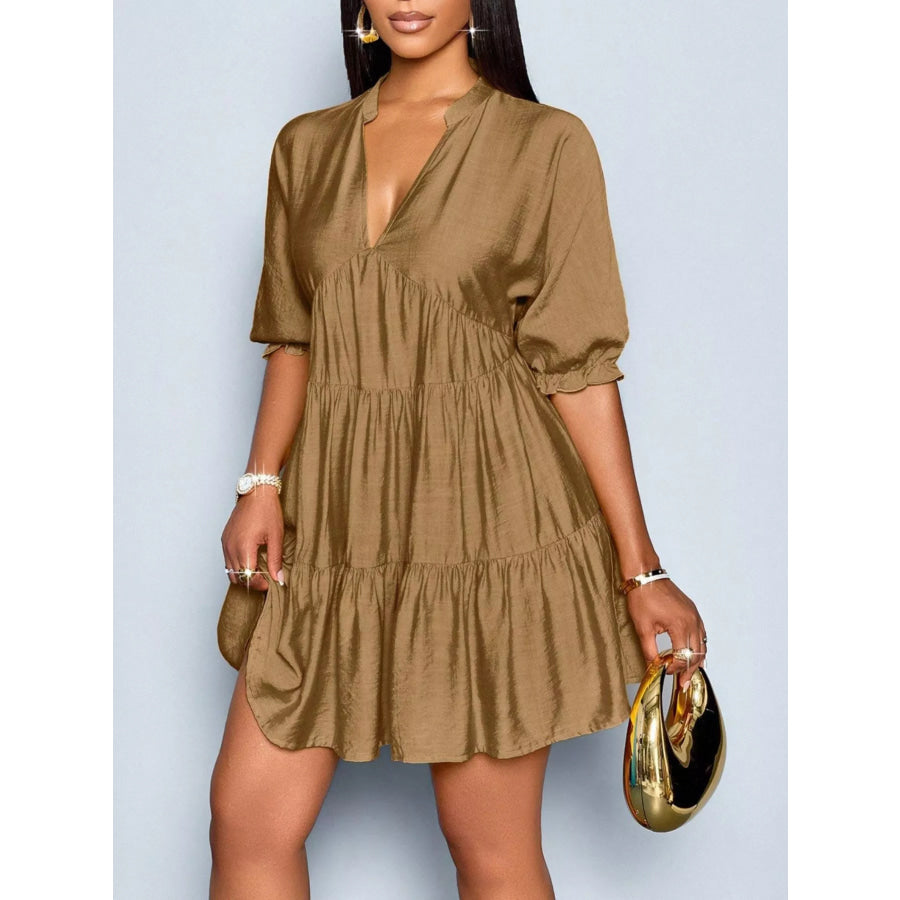 Notched Half Sleeve Tiered Dress Apparel and Accessories
