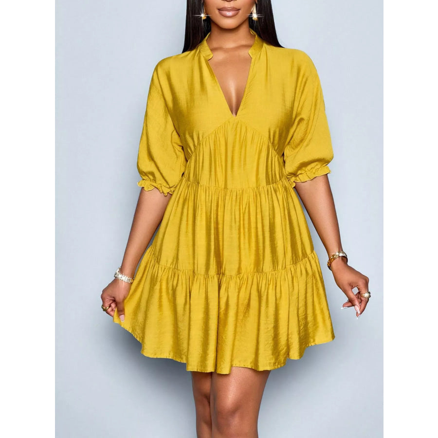 Notched Half Sleeve Tiered Dress Apparel and Accessories