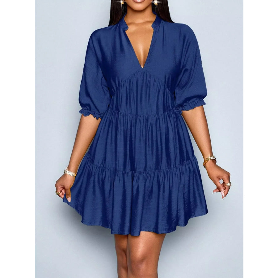 Notched Half Sleeve Tiered Dress Apparel and Accessories