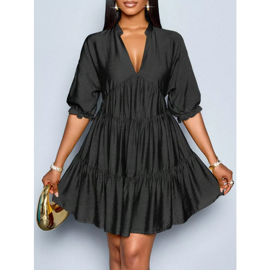 Notched Half Sleeve Tiered Dress Black / S Apparel and Accessories