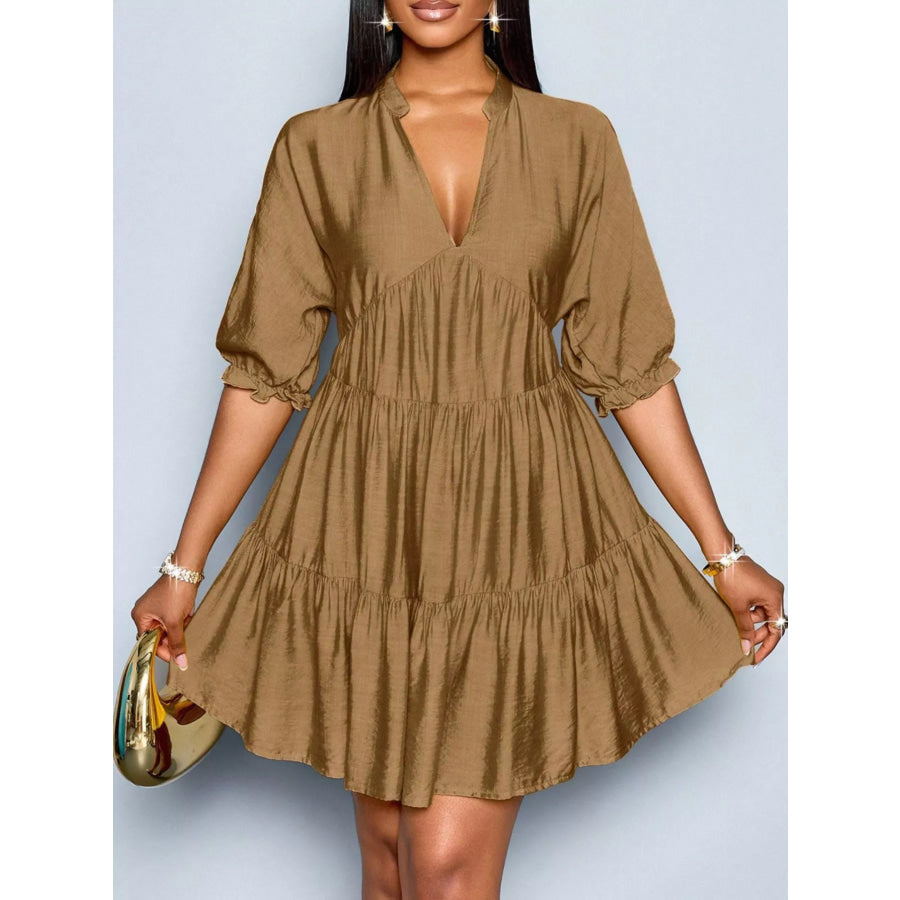 Notched Half Sleeve Tiered Dress Brown / S Apparel and Accessories