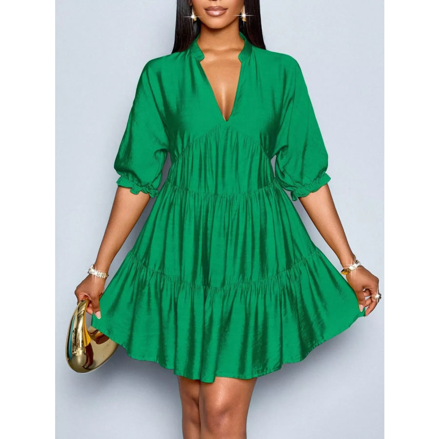 Notched Half Sleeve Tiered Dress Green / S Apparel and Accessories