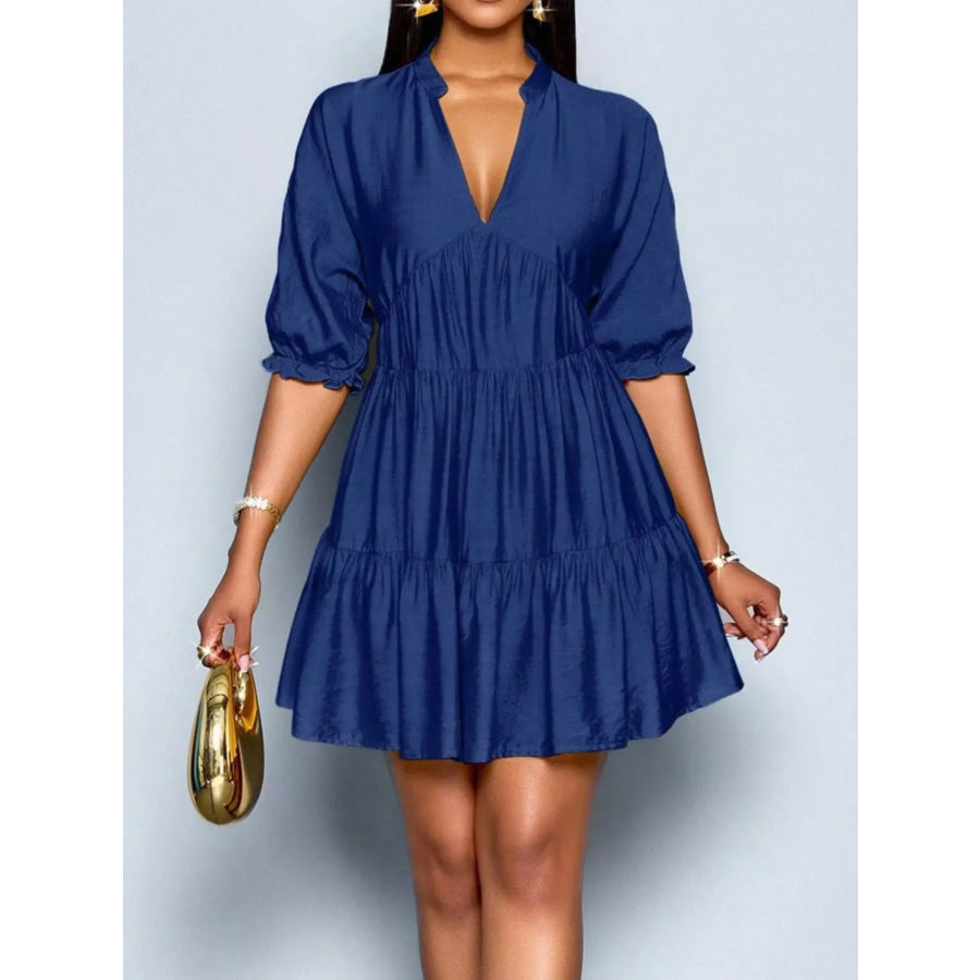 Notched Half Sleeve Tiered Dress Navy Blue / S Apparel and Accessories