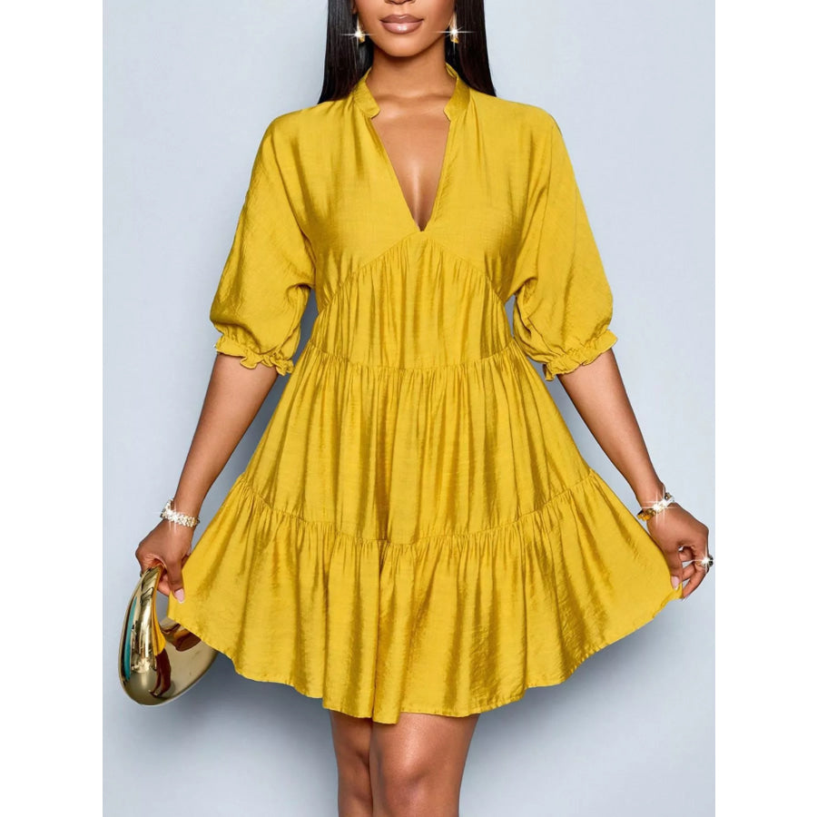 Notched Half Sleeve Tiered Dress Yellow / S Apparel and Accessories