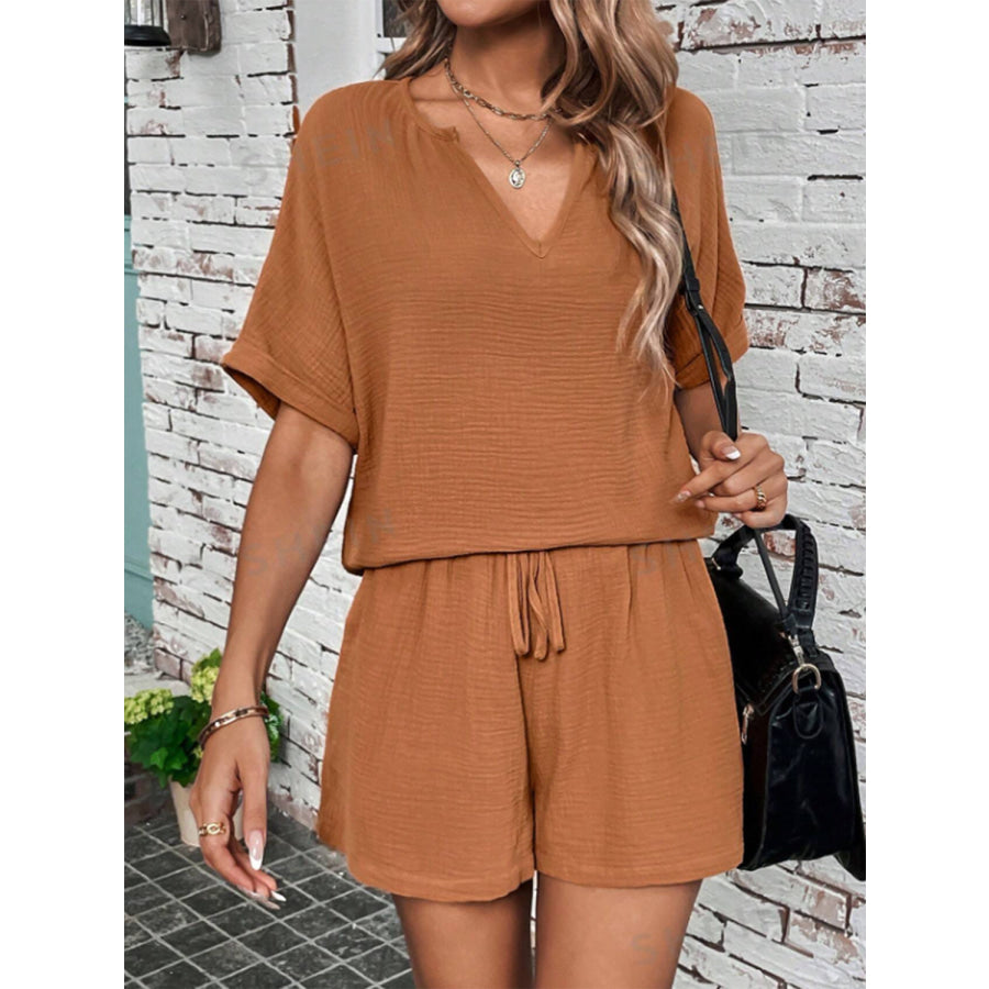 Notched Half Sleeve Top and Shorts Set Apparel and Accessories