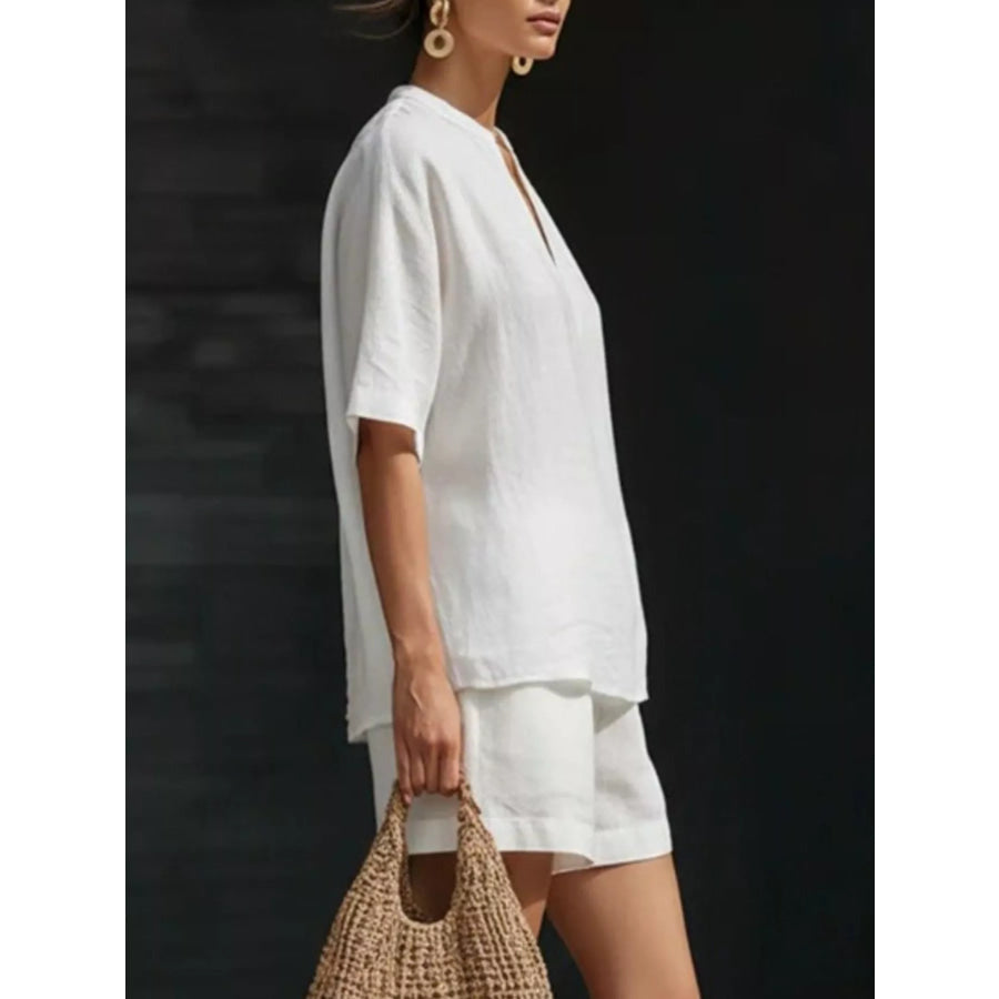 Notched Half Sleeve Top and Shorts Set Apparel and Accessories