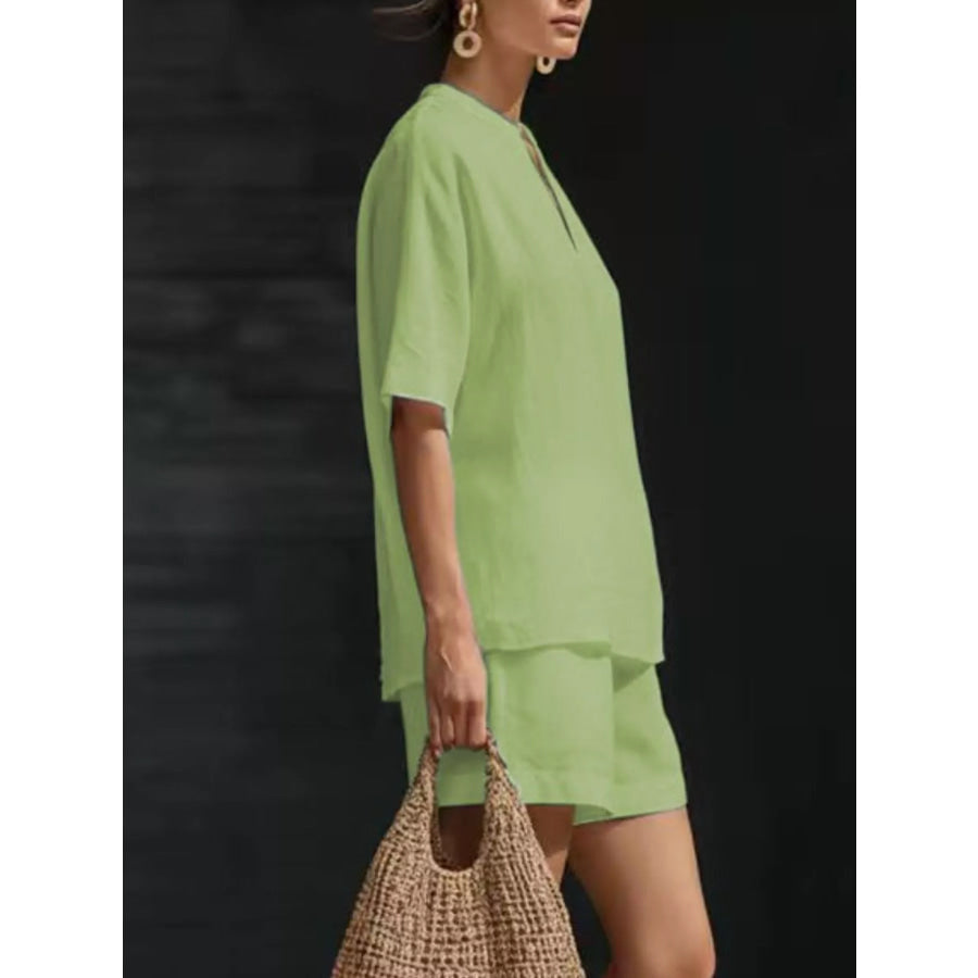 Notched Half Sleeve Top and Shorts Set Apparel and Accessories