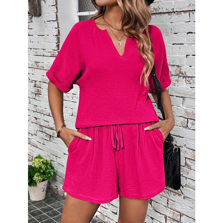 Notched Half Sleeve Top and Shorts Set Apparel and Accessories