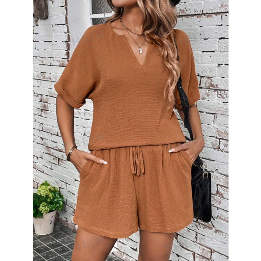 Notched Half Sleeve Top and Shorts Set Apparel and Accessories