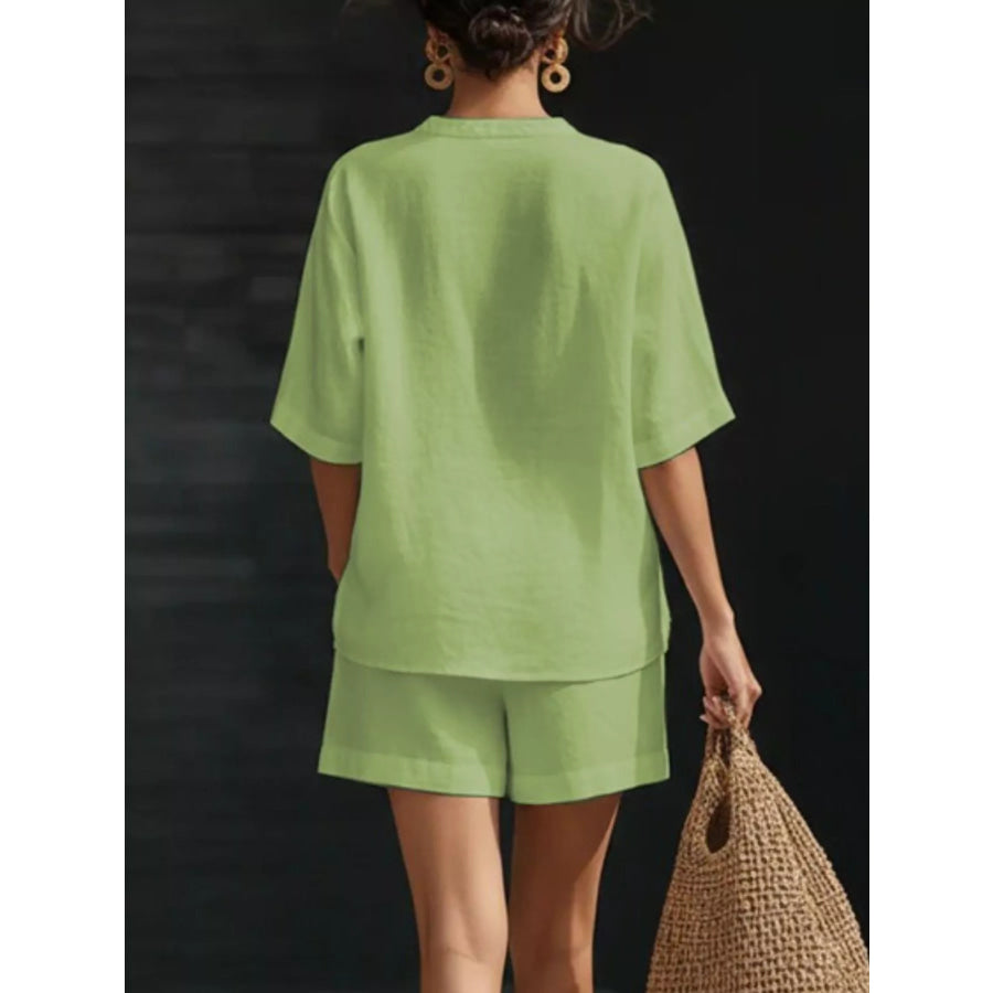 Notched Half Sleeve Top and Shorts Set Apparel and Accessories