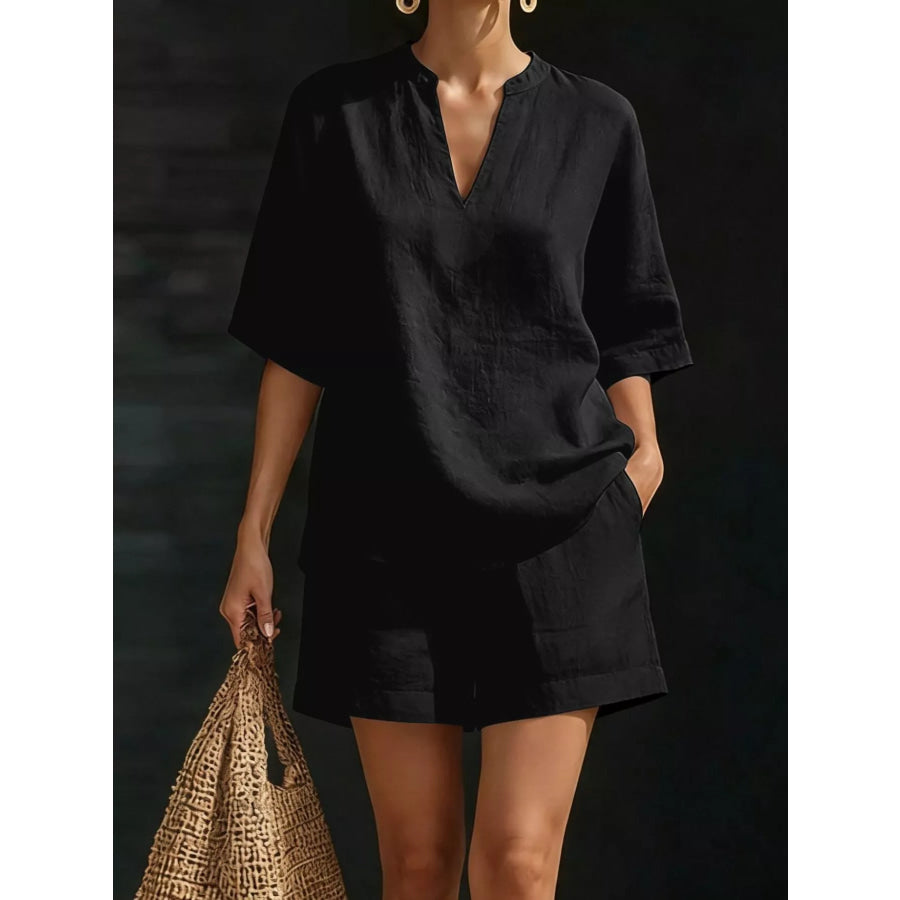 Notched Half Sleeve Top and Shorts Set Black / S Apparel and Accessories