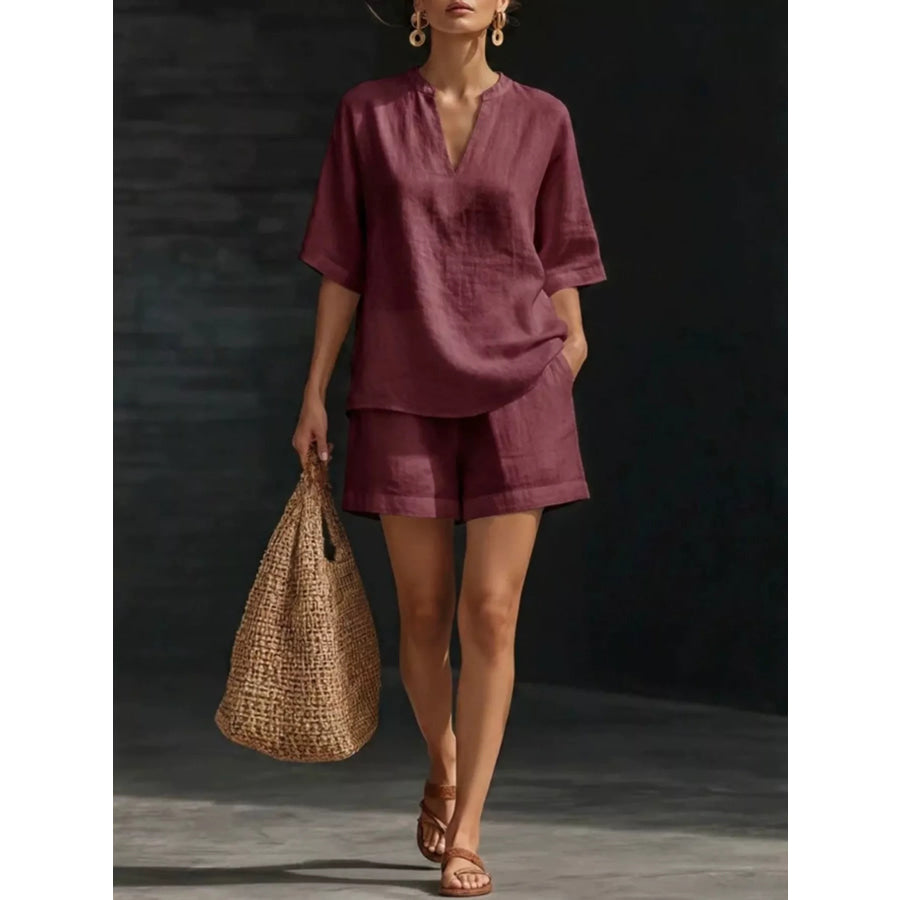 Notched Half Sleeve Top and Shorts Set Burgundy / S Apparel and Accessories