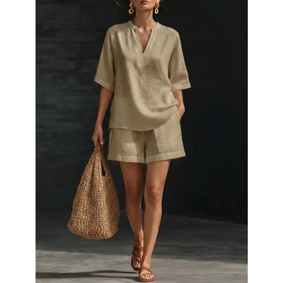 Notched Half Sleeve Top and Shorts Set Khaki / S Apparel and Accessories