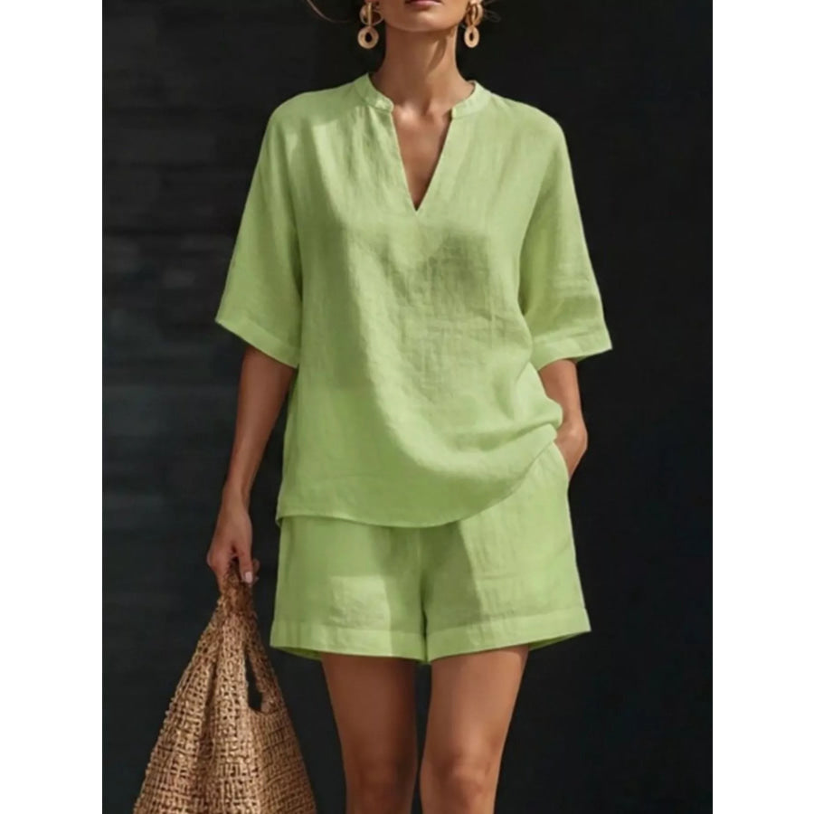 Notched Half Sleeve Top and Shorts Set Light Green / S Apparel and Accessories