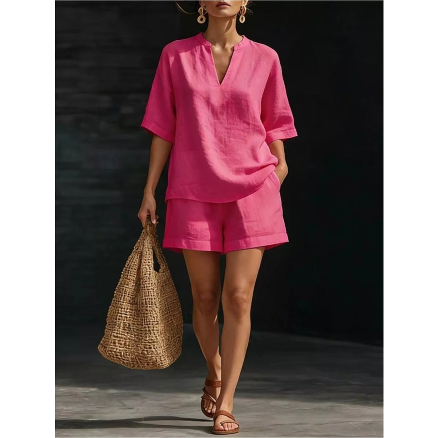Notched Half Sleeve Top and Shorts Set Red / S Apparel and Accessories
