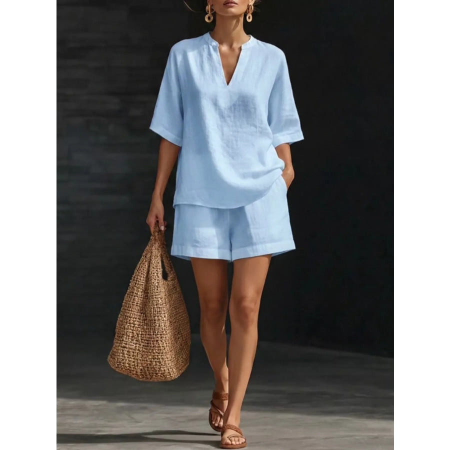 Notched Half Sleeve Top and Shorts Set Sky Blue / S Apparel and Accessories