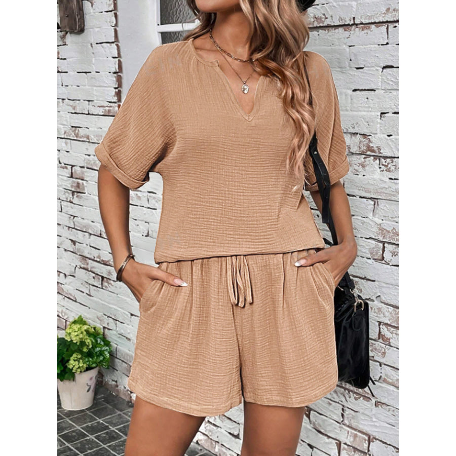 Notched Half Sleeve Top and Shorts Set Tan / S Apparel and Accessories