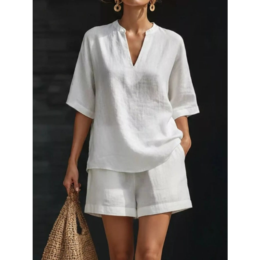 Notched Half Sleeve Top and Shorts Set White / S Apparel and Accessories