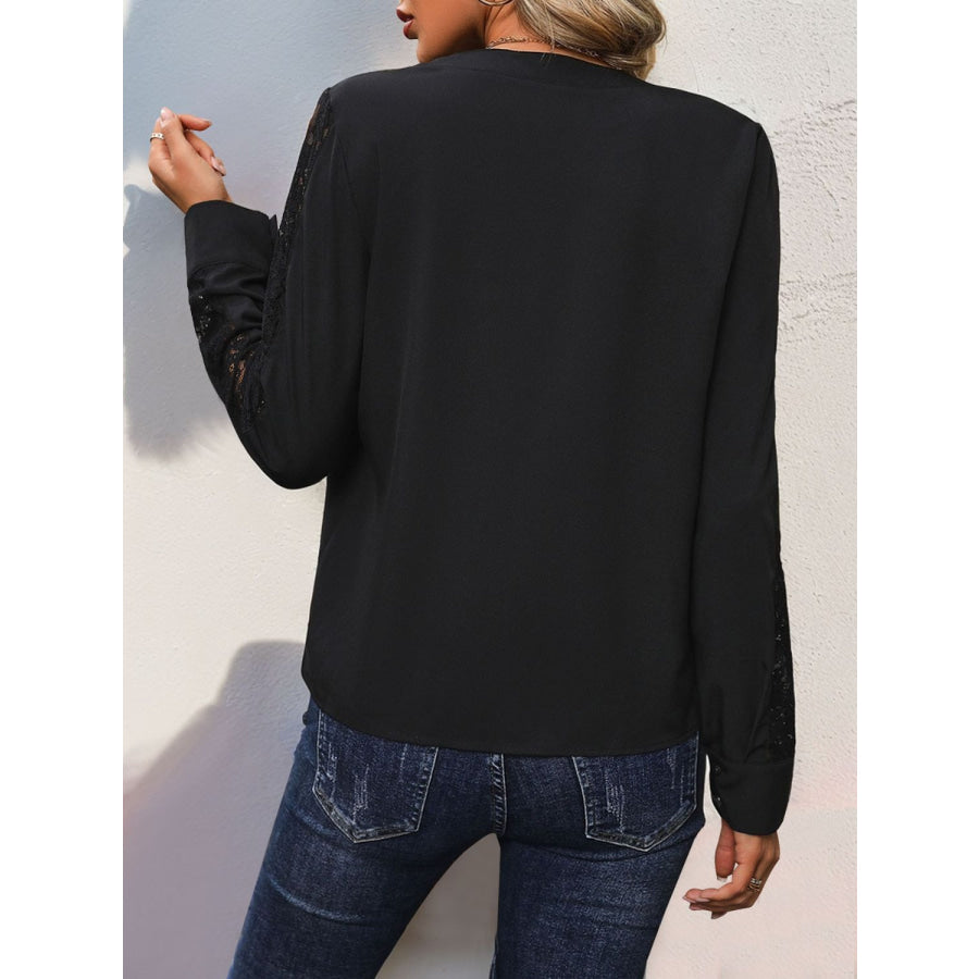 Notched Lace Long Sleeve Blouse Apparel and Accessories