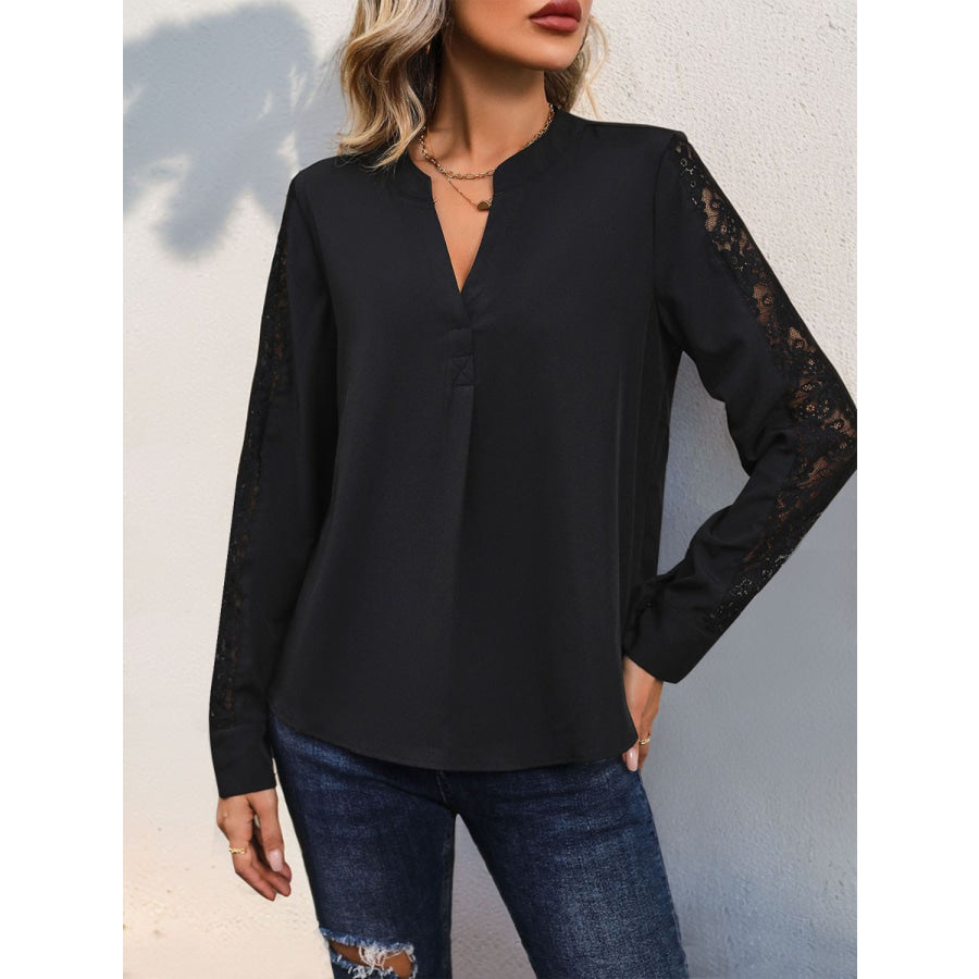 Notched Lace Long Sleeve Blouse Apparel and Accessories