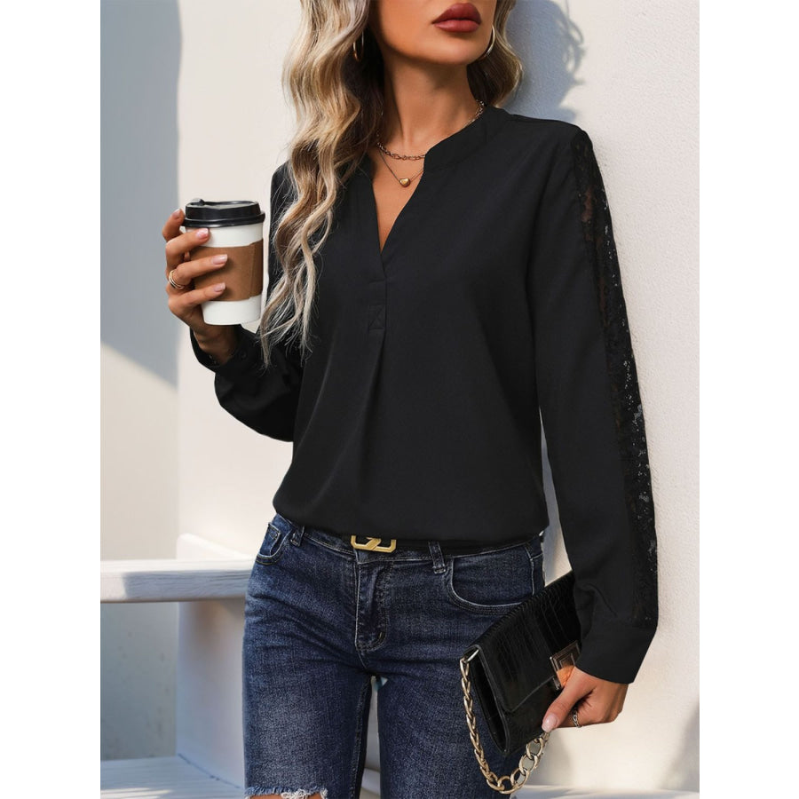 Notched Lace Long Sleeve Blouse Apparel and Accessories