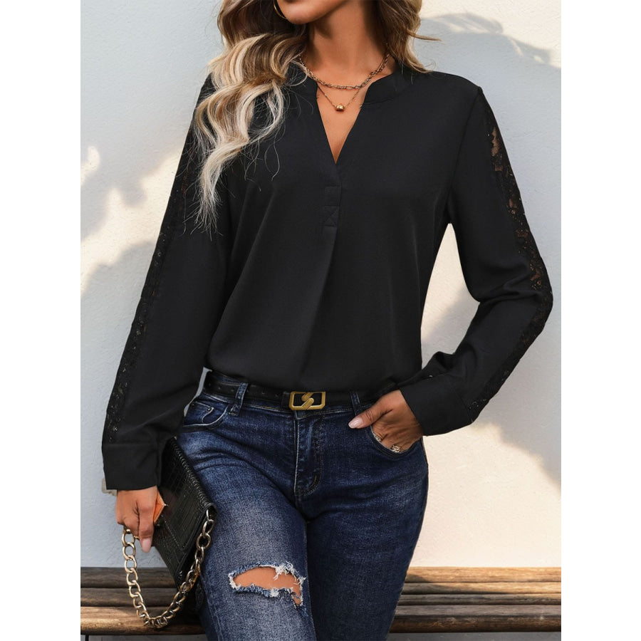 Notched Lace Long Sleeve Blouse Black / S Apparel and Accessories