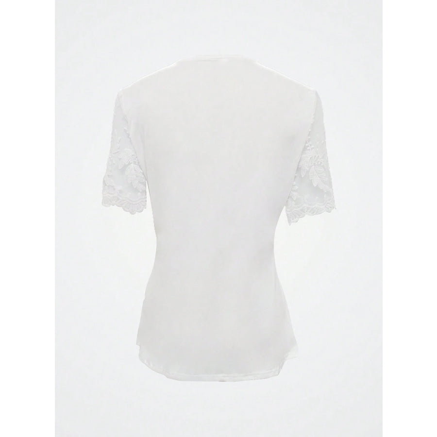 Notched Lace Short Sleeve Top White / S Apparel and Accessories