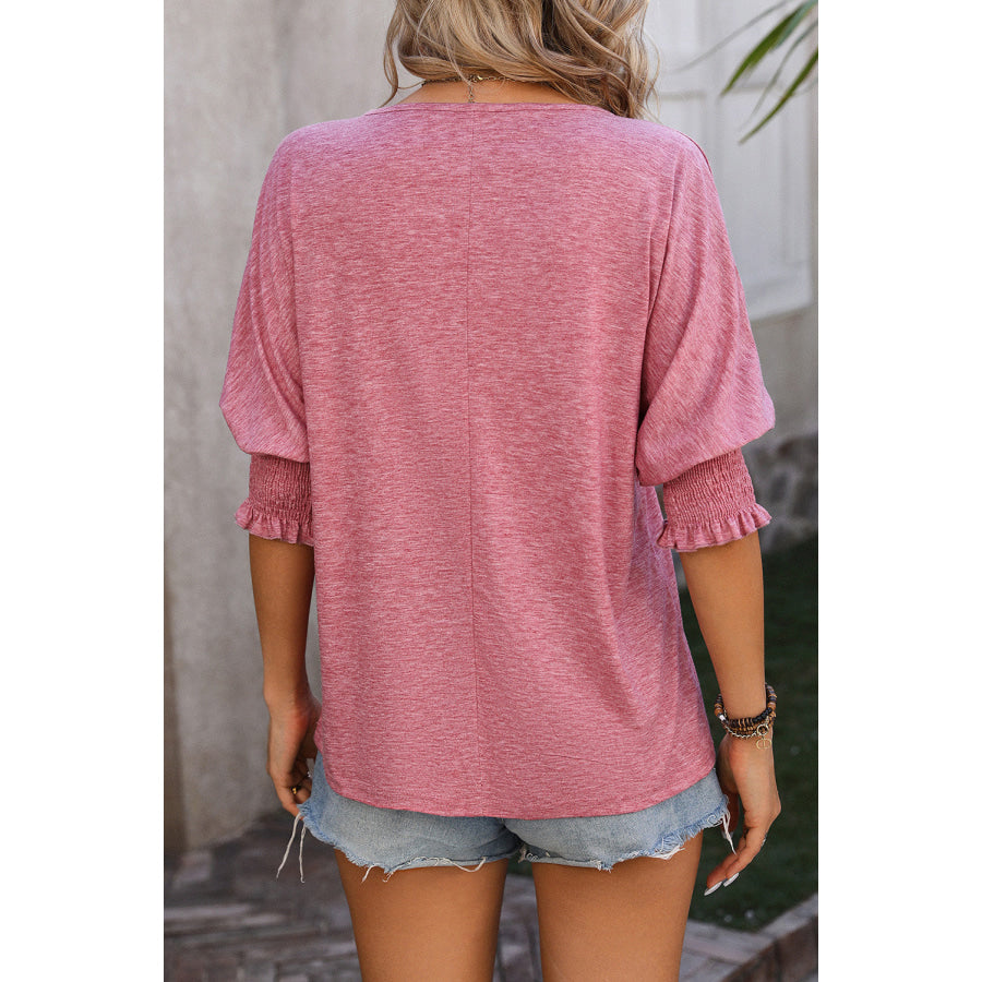 Notched Lantern Sleeve Blouse Apparel and Accessories