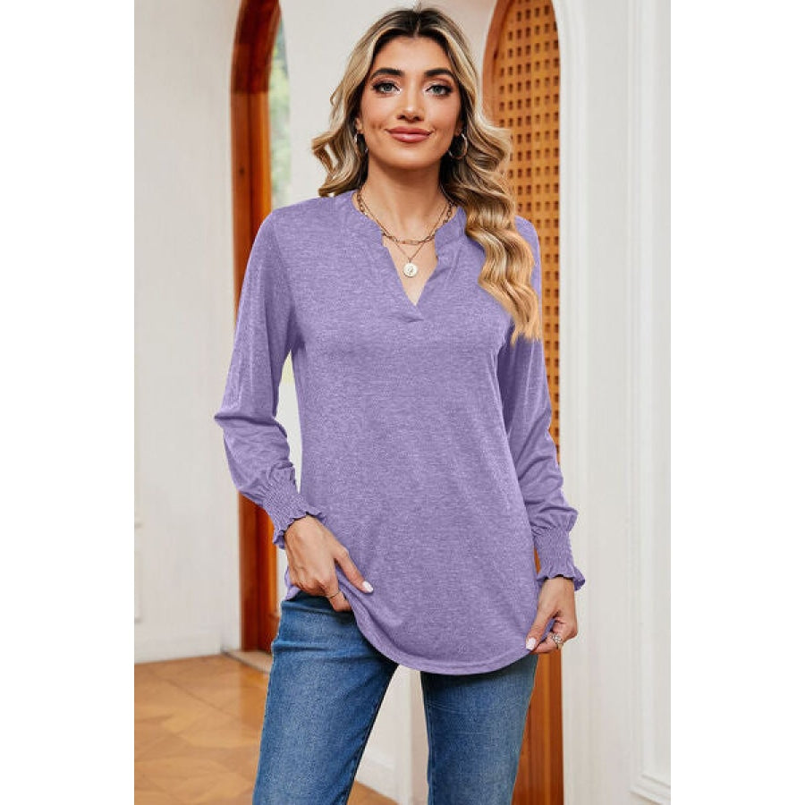 Notched Lantern Sleeve T-Shirt Clothing