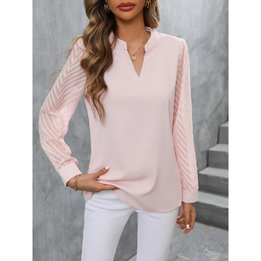 Notched Long Sleeve Blouse Apparel and Accessories